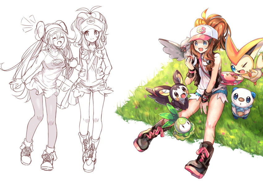 2girls :d black_footwear black_vest blue_eyes blush boots brown_hair commentary denim denim_shorts emolga english_commentary gen_5_pokemon grass hat high_ponytail hilda_(pokemon) holding long_hair multiple_girls multiple_views mythical_pokemon notice_lines open_mouth oshawott partially_colored petilil pidove pokemon pokemon_(creature) pokemon_(game) pokemon_bw rosa_(pokemon) shirt short_shorts shorts sidelocks sitting sleeveless sleeveless_shirt smile snow-kun socks vest victini white_shirt wristband