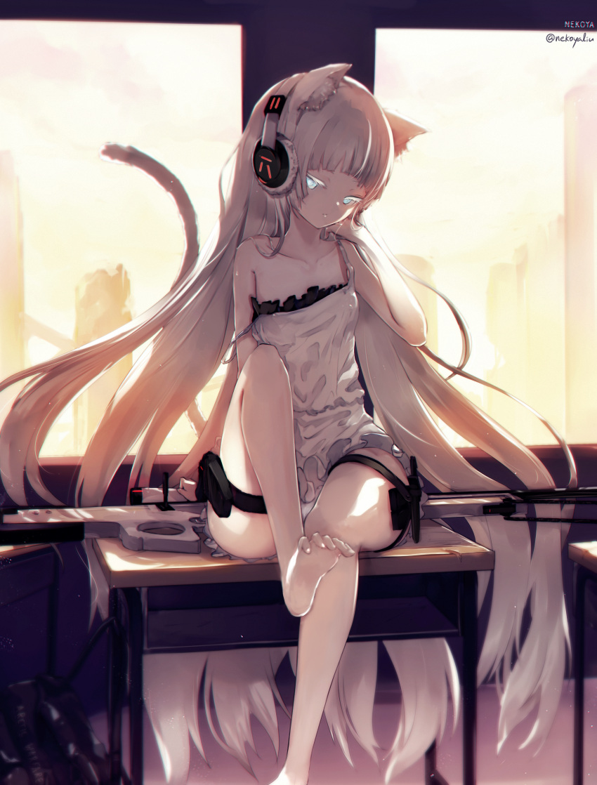 1girl absurdres ai_arctic_warfare animal_ear_fluff animal_ears awp_(girls_frontline)_(nekoya_(liu)) bag bare_arms bare_shoulders barefoot big_hair blue_eyes bolt_action cat_ears cat_girl cat_tail classroom closed_mouth collarbone colored_eyelashes commentary_request day desk dress foot_out_of_frame girls_frontline glowing glowing_eyes gun head_tilt headphones highres huge_filesize indoors leg_up long_hair nekoya_(liu) original revision rifle school_bag school_desk scope signature silver_hair sitting sniper_rifle soles solo strap_slip sunlight tail tail_raised toes twitter_username very_long_hair weapon white_dress window