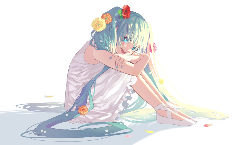 1girl absurdres backlighting ballet_slippers bare_arms blue_eyelashes blue_eyes blue_hair blue_nails colored_eyelashes crossed_arms dot_nose dress eyebrows_visible_through_hair eyelashes eyes_visible_through_hair fingernails flower frilled_dress frills full_body gerbera hair_flower hair_ornament happy hatsune_miku head_rest head_tilt highres knees_to_chest leaning_forward legs_together long_eyelashes long_hair looking_at_viewer niro_(sikabanekurui) on_floor open_mouth orange_flower petals pink_flower red_flower shadow simple_background sitting sleeveless sleeveless_dress smile solo tareme teeth twintails upper_teeth very_long_hair vocaloid white_background white_dress white_footwear yellow_flower
