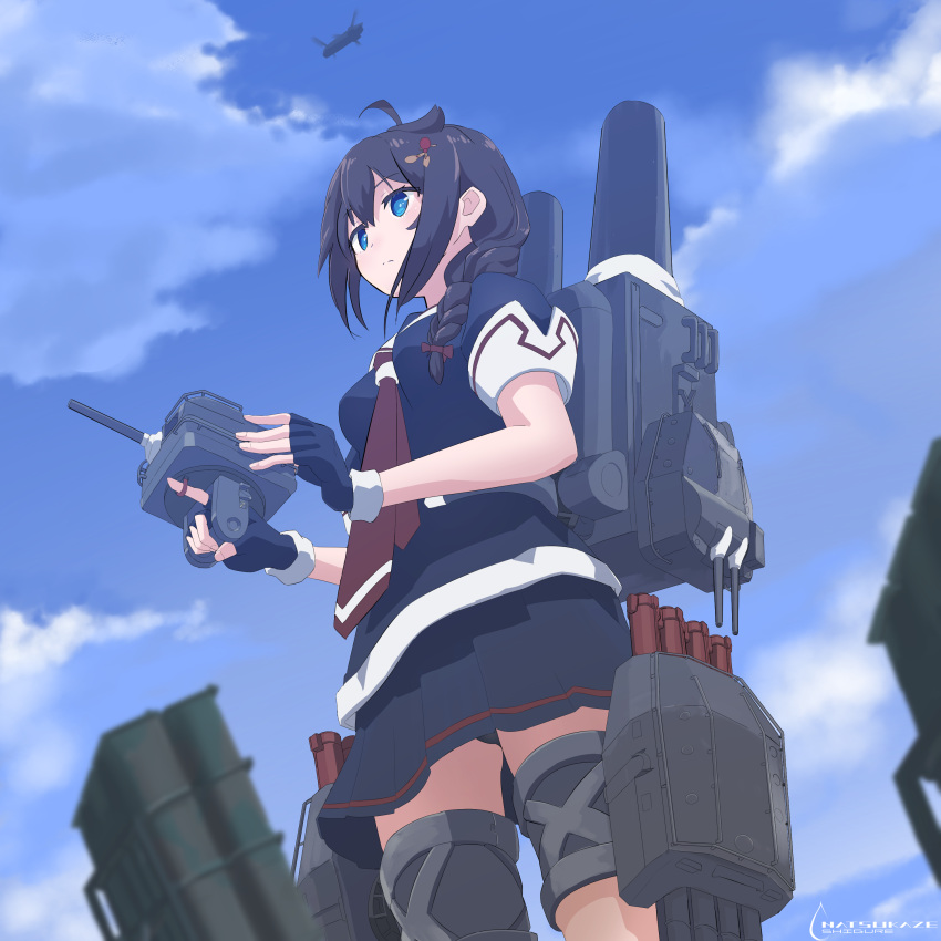 1girl absurdres adapted_turret ahoge aircraft black_gloves black_hair black_panties black_serafuku black_shirt black_skirt blue_eyes blue_sky braid breasts cannon clouds day fingerless_gloves gloves hair_flaps hair_over_shoulder helicopter highres kantai_collection miniskirt necktie outdoors panties pleated_skirt red_neckwear remodel_(kantai_collection) rigging school_uniform serafuku shigure_(kancolle) shirt short_sleeves sigure-zzzz single_braid skirt sky small_breasts solo thigh_strap torpedo_launcher underwear