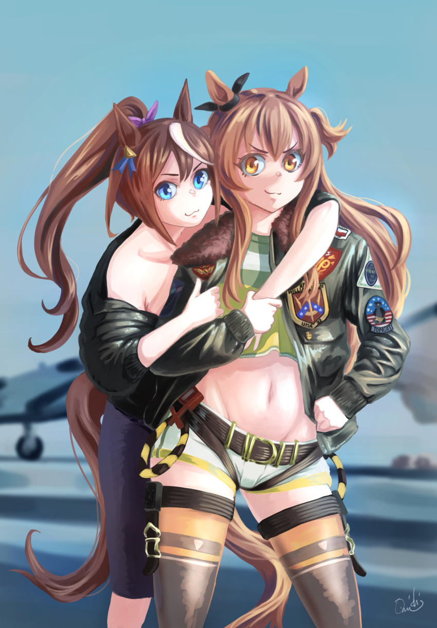 2girls animal_ears blue_eyes blue_sky blurry blurry_background bomber_jacket brown_hair commentary_request crop_top day ear_ribbon green_jacket high_ponytail highres horse_ears horse_girl horse_tail hug hug_from_behind jacket long_hair looking_at_viewer mayano_top_gun_(umamusume) multicolored_hair multiple_girls omichi_(gutteli) short_shorts shorts sky streaked_hair tail thigh-highs tokai_teio_(umamusume) top_gun twintails two-tone_hair two_side_up umamusume white_shorts yellow_eyes