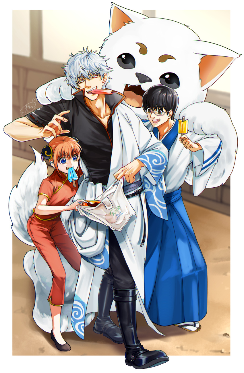 1girl 2boys :d black_footwear black_hair black_pants black_shirt blue_hakama border bun_cover day double_bun food gintama glasses hakama highres japanese_clothes kagura_(gintama) kimono mouth_hold multiple_boys okita_sougo open_mouth orange_hair outdoors outside_border pants popsicle red_pants red_shirt shimura_shinpachi shinomy shiny shiny_hair shirt short_hair short_sleeves silver_hair smile white_border white_kimono