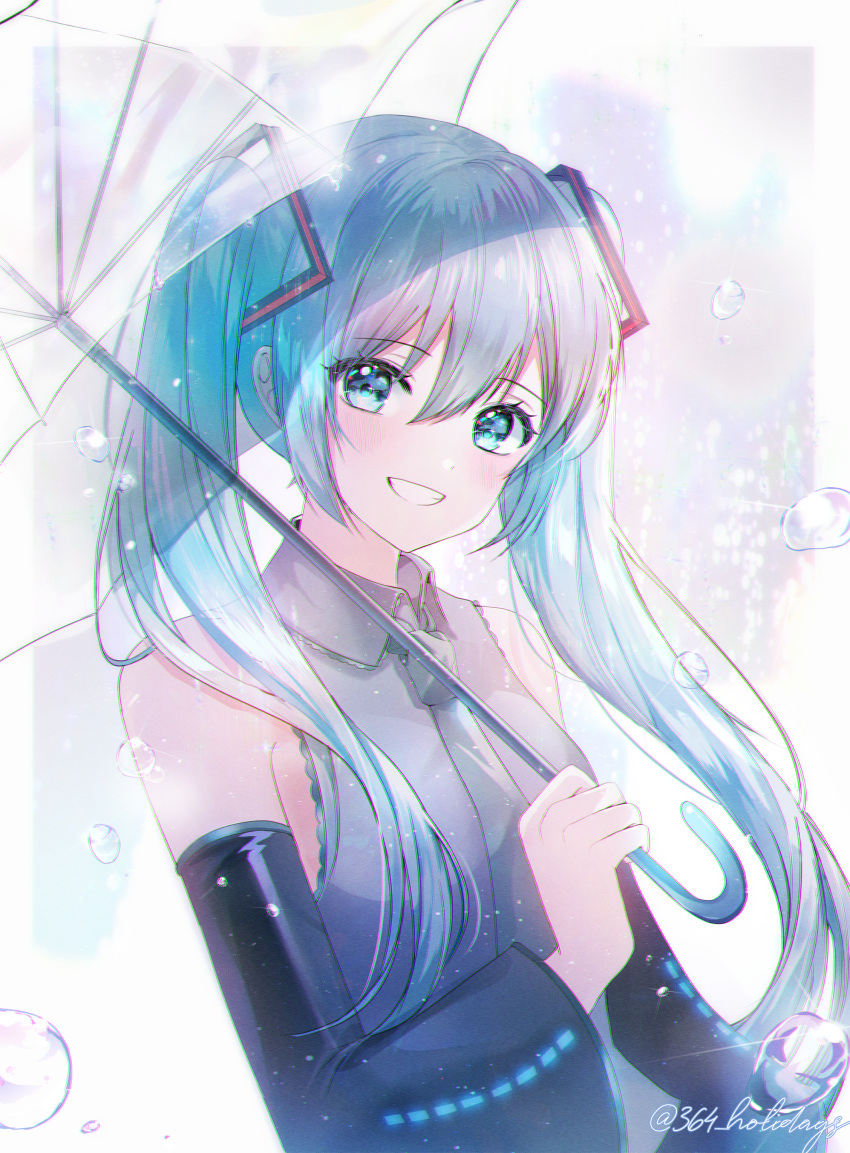 1girl 364_holidays absurdres aqua_eyes aqua_hair blush detached_sleeves grey_vest hair_between_eyes hatsune_miku highres looking_at_viewer rain smile solo twintails twitter_username umbrella vest vocaloid