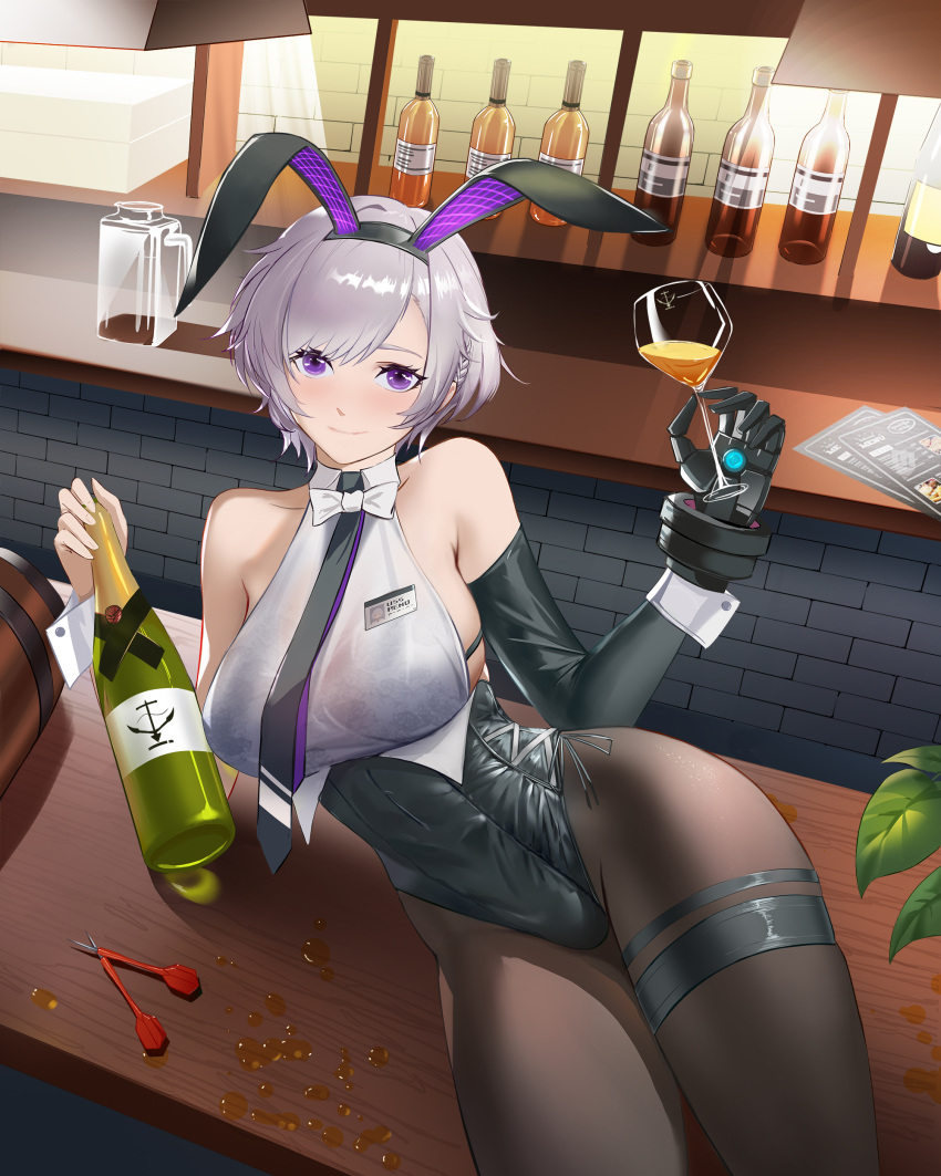 1girl absurdres alcohol animal_ears armpit_crease azur_lane bangs bar bare_shoulders black_legwear black_neckwear blush bottle bow bowtie breasts closed_mouth commentary_request cup dart drinking_glass fake_animal_ears hairband halter_top halterneck highres holding holding_bottle holding_cup large_breasts liquor looking_at_viewer lounging mechanical_hands necktie plant playboy_bunny potted_plant rabbit_ears reno_(azur_lane) reno_(reno_bunnino)_(azur_lane) sherlock5230 short_hair sideboob silver_hair single_mechanical_hand single_sleeve skindentation smile solo swept_bangs violet_eyes white_neckwear wine_bottle wine_glass