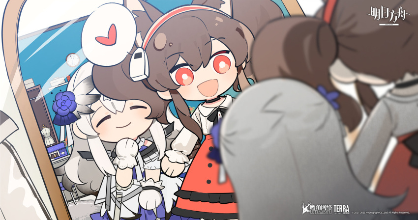 2girls :d alternate_costume angelina_(arknights) animal_ears arknights artist_request bibeak_(arknights) black_neckwear bow bowtie brown_hair chibi chinese_commentary clock closed_eyes commentary_request copyright_name dress dutch_angle extra_ears eyebrows_visible_through_hair fox_ears gloves grin happy heart highres indoors long_hair mirror multiple_girls official_art open_mouth red_dress red_eyes redhead sewing_machine smile spoken_heart stool twintails two-tone_dress wall_clock watermark white_dress white_gloves white_hair