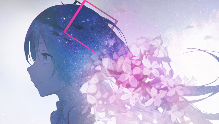 1girl arms_at_sides bare_shoulders blue_eyes blue_hair blue_theme close-up closed_mouth collared_shirt double_exposure eyelashes eyes_visible_through_hair face facing_away floating_hair flower from_side gradient hair_between_eyes hair_ornament half-closed_eyes happy hatsune_miku highres hydrangea kieed light_smile limited_palette long_hair nape nebula pale_color profile purple_flower purple_theme scenery shirt sidelocks sky solo star_(sky) starry_sky transparent tsurime twintails upper_body very_long_hair vocaloid wide_shot