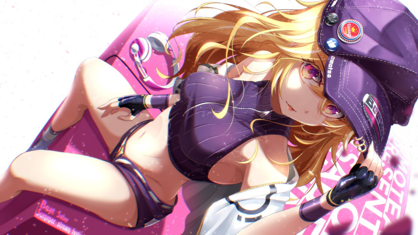 1girl beat_saber black_gloves black_headwear black_tank_top blonde_hair breasts character_name clothing_cutout copyright_name feet_out_of_frame fingerless_gloves from_above gloves hat headphones highres long_hair looking_at_viewer medium_breasts midriff navel_cutout omotea shiro_1213 shoes short_shorts shorts socks solo tank_top violet_eyes white_footwear