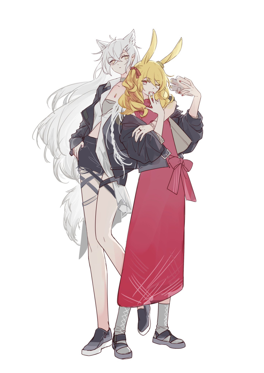 2girls alternate_costume animal_ears arknights bangs black_jacket blonde_hair chinese_commentary choker dress grey_eyes hair_ornament hairclip highres jacket kaleka lappland_(arknights) long_hair multiple_girls parted_lips rabbit_ears red_dress red_eyes shorts silver_hair sora_(arknights) thigh_strap tongue tongue_out wolf_ears yuri