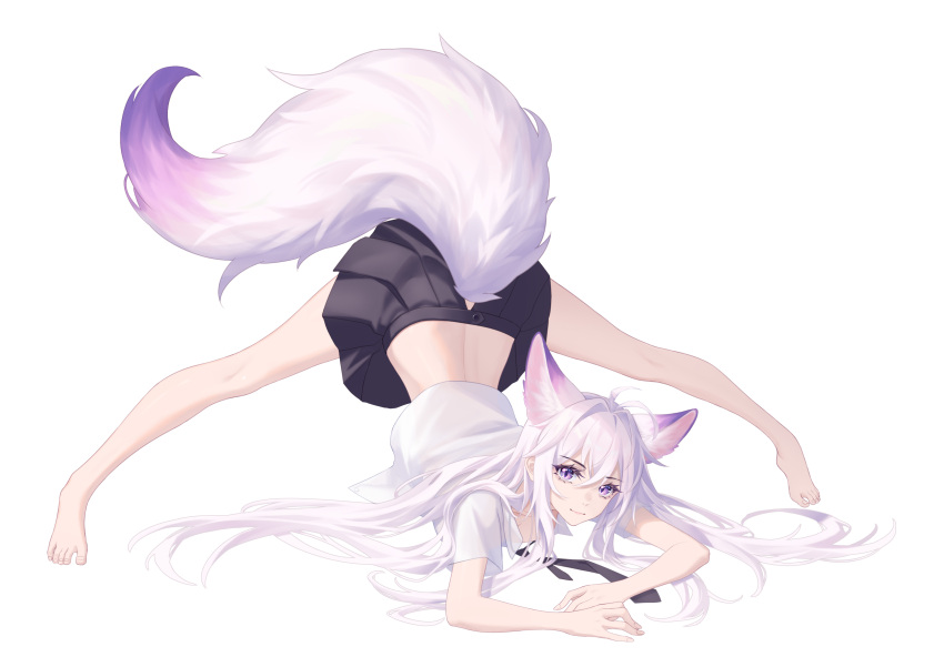 1girl absurdres animal_ear_fluff animal_ears antenna_hair bare_legs barefoot black_skirt breast_press breasts closed_mouth clothing_cutout commentary_request fox_ears fox_girl fox_tail full_body hair_intakes highres jack-o'_challenge kirby_d_a large_tail long_hair looking_at_viewer medium_breasts miniskirt original pleated_skirt shirt short_sleeves silver_hair simple_background skirt smile solo spread_legs tail tail_cutout top-down_bottom-up very_long_hair violet_eyes white_background white_shirt