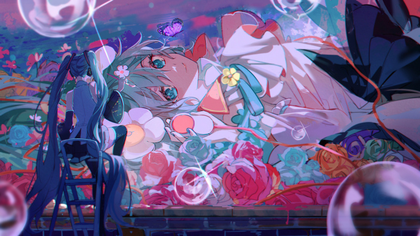 1girl absurdly_long_hair aqua_eyes aqua_hair aqua_nails bangs black_legwear black_skirt black_sleeves blue_flower blue_rose blurry blurry_foreground brick_wall bubble bug butterfly chair commentary daisy detached_sleeves eyelashes facing_away flower full_body hair_between_eyes hand_up hatsune_miku highres holding holding_mouse_(computer) holding_paintbrush kanose long_hair looking_at_viewer lying multiple_views mural nail_polish on_back orange_flower orange_rose paintbrush painting pink_flower pink_rose pleated_skirt purple_butterfly red_ribbon ribbon rose shaded_face shirt sitting skirt smile tagme thigh-highs twintails upper_body very_long_hair vocaloid white_flower white_shirt