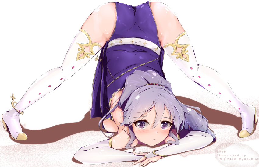 1girl absurdres anklet arched_back ass blush boots bracelet bridal_gauntlets commission commissioner_upload earrings fire_emblem fire_emblem:_genealogy_of_the_holy_war fire_emblem_heroes flexible highres ishtar_(fire_emblem) jack-o'_challenge jewelry looking_at_viewer purple_hair simple_background solo spread_legs thigh-highs thigh_boots twitter_username violet_eyes white_background wide_spread_legs yuzukiaz