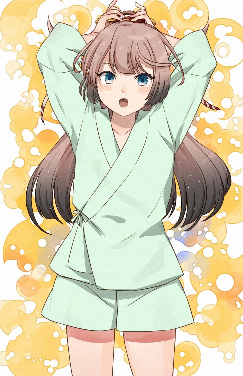 1girl absurdres arms_up bangs bathrobe blue_eyes blush brown_hair commentary_request commission eyebrows_visible_through_hair gradient_hair hair_ribbon highres huge_filesize kanmiya_shinobu kantai_collection kazagumo_(kancolle) long_hair multicolored_hair open_mouth pixiv_request ponytail ribbon short_sleeves simple_background solo