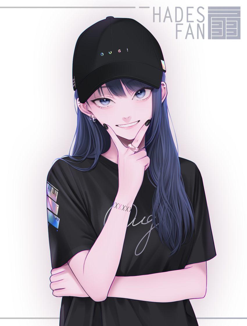 1girl bangs black_headwear black_nails black_shirt blue_eyes blue_hair chimachi commentary_request ear_piercing earrings english_text hair_over_shoulder hand_on_own_face highres inward_v jewelry long_hair looking_at_viewer nail_polish original piercing ring shirt short_sleeves simple_background smile smirk solo tattoo upper_body v white_background wrist_tattoo