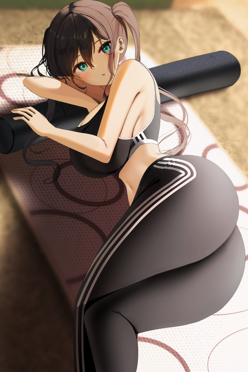 1girl absurdres arm_rest ass bangs black_hair black_pants black_sports_bra blush borrowed_character breasts cushion green_eyes head_rest highres large_breasts long_hair looking_at_viewer lying mat midriff mole mole_under_eye navel nicorima on_side original pants parted_lips solo sports_bra twintails yoga_pants