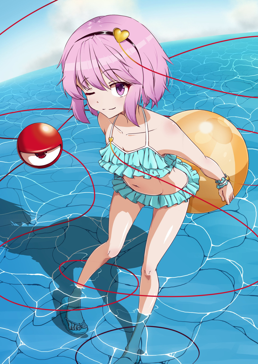 1girl absurdres ball beachball bikini blue_bikini breasts collarbone eyebrows_visible_through_hair hair_between_eyes hair_ornament heart heart_hair_ornament highres komeiji_satori looking_at_viewer navel one_eye_closed pink_eyes pink_hair ribbon sandals short_hair small_breasts smile solo swimsuit takuman135 third_eye touhou water wrist_ribbon