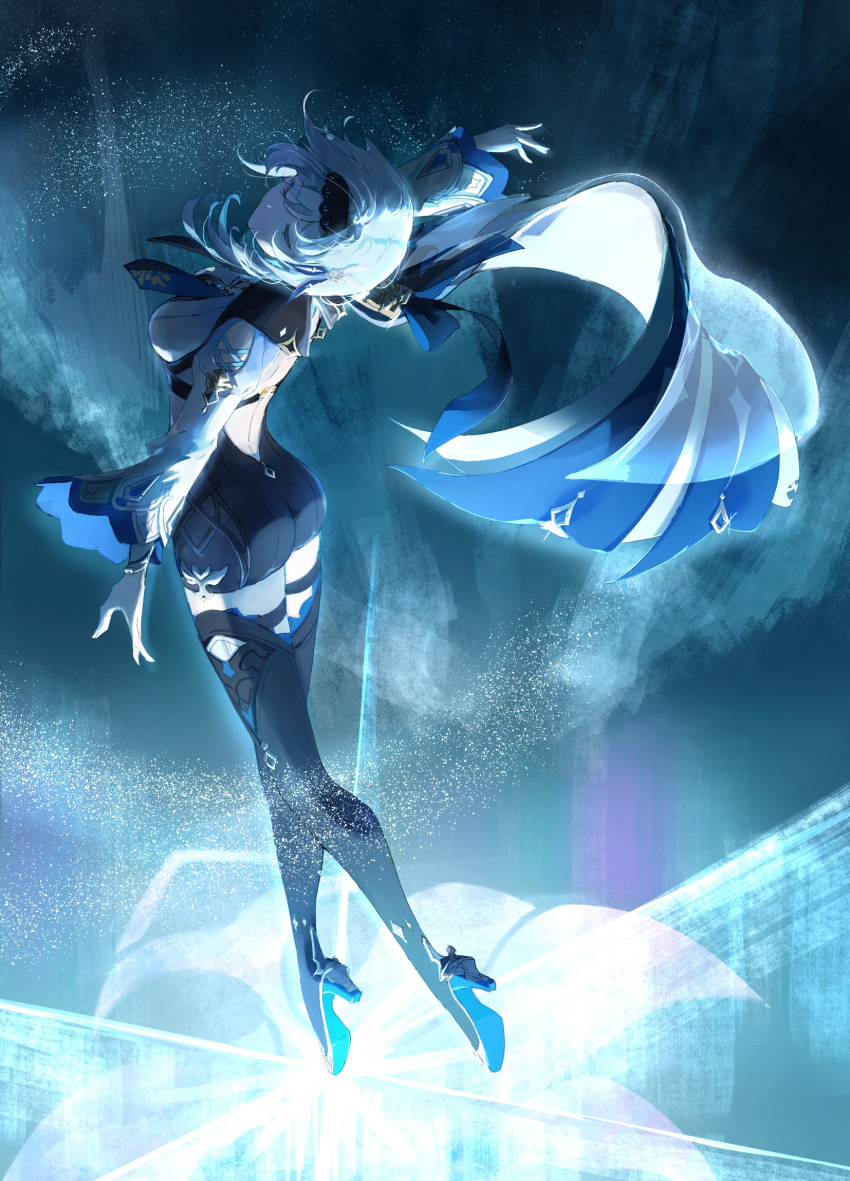 1girl ass back_cutout blue_cape blue_hair blue_neckwear boots breasts cape closed_eyes clothing_cutout eula_(genshin_impact) facing_back flameaqua genshin_impact hairband highres medium_hair necktie shoulder_cutout solo thigh-highs thigh_boots thighs