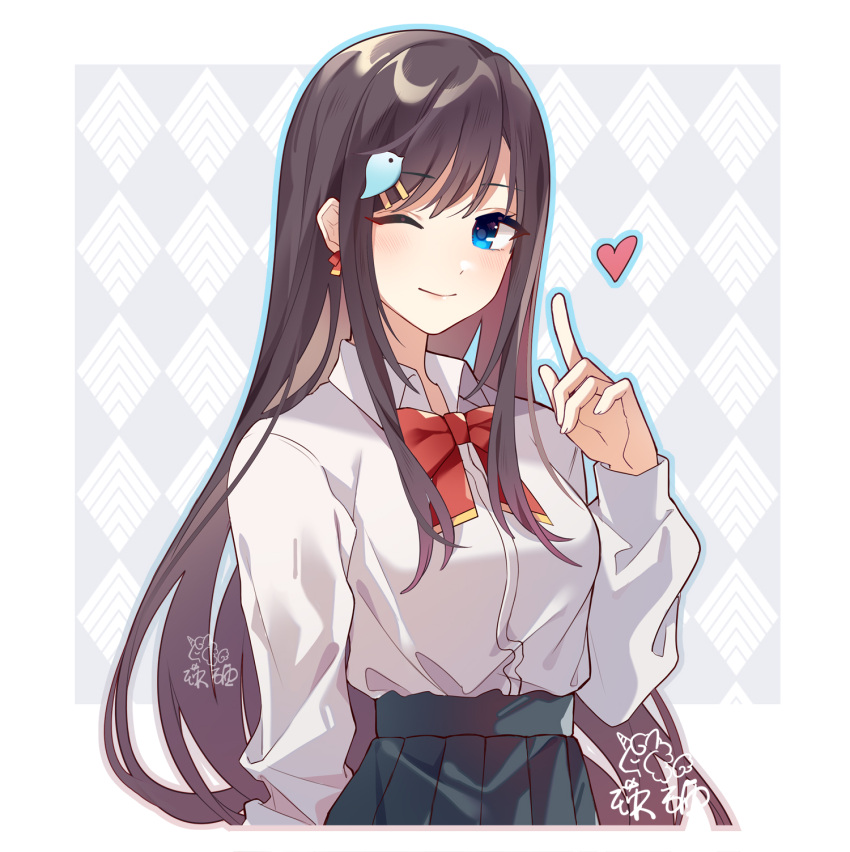 1girl ;) akira_(ying) black_hair black_skirt blue_eyes blue_outline bow closed_mouth collared_shirt dress_shirt hair_ornament hairclip hand_up heart highres index_finger_raised kyouka_(overidea) long_hair long_sleeves looking_at_viewer one_eye_closed outline overidea pleated_skirt red_bow shirt signature skirt smile solo very_long_hair virtual_youtuber white_shirt