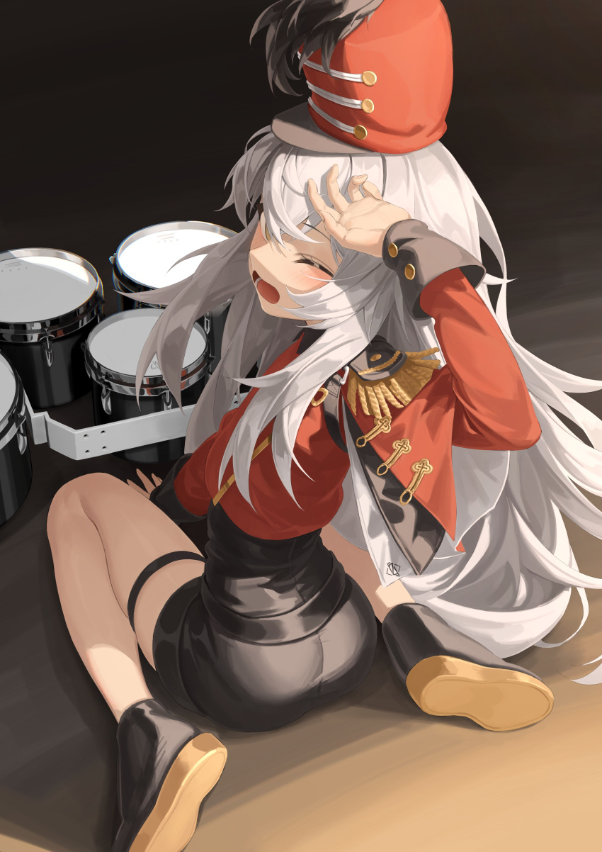1girl absurdres band_uniform black_footwear black_shorts black_skirt blush brown_eyes drum eyebrows_visible_through_hair floor g11_(girls_frontline) girls_frontline hand_in_hair hand_on_floor highres instrument jacket long_hair marching_band on_floor one_eye_closed open_mouth red_headwear red_jacket rui_(rei_leyi) shoes shorts silver_hair skirt solo uniform