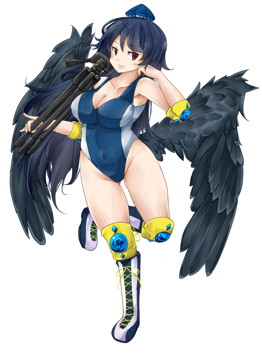 1girl absurdres armpit_peek armpits ass_visible_through_thighs beige_background bird_wings black_wings blue_hair blue_leotard boots breasts competition_swimsuit covered_navel cross-laced_footwear elbow_pads feathered_wings gem hat highres holding_tripod iizunamaru_megumu jyaoh0731 knee_guards knee_pads large_breasts leotard long_hair navel one-piece_swimsuit pointy_ears red_eyes simple_background smile solo swimsuit tokin_hat touhou tripod white_background wings