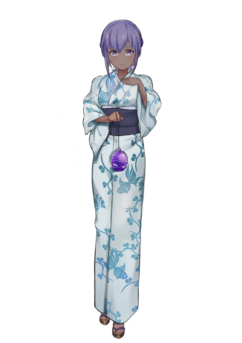 1girl absurdres animal_print ball bangs blue_kimono fate/grand_order fate/prototype fate/prototype:_fragments_of_blue_and_silver fate_(series) fish_print hand_on_own_chest hassan_of_serenity_(fate) highres holding japanese_clothes kimono looking_at_viewer obi print_kimono purple_hair sash short_hair simple_background slippers smile solo taruto_(takug0812) violet_eyes white_background yukata