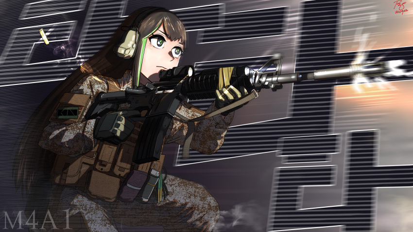 1girl absurdres assault_rifle black_eyes black_hair bulletproof_vest girls_frontline gloves green_hair gun headset highres holding holding_gun holding_weapon long_hair long_sleeves m4_carbine m4a1_(girls_frontline) military military_uniform multicolored_hair radish_p rifle scope solo streaked_hair uniform weapon