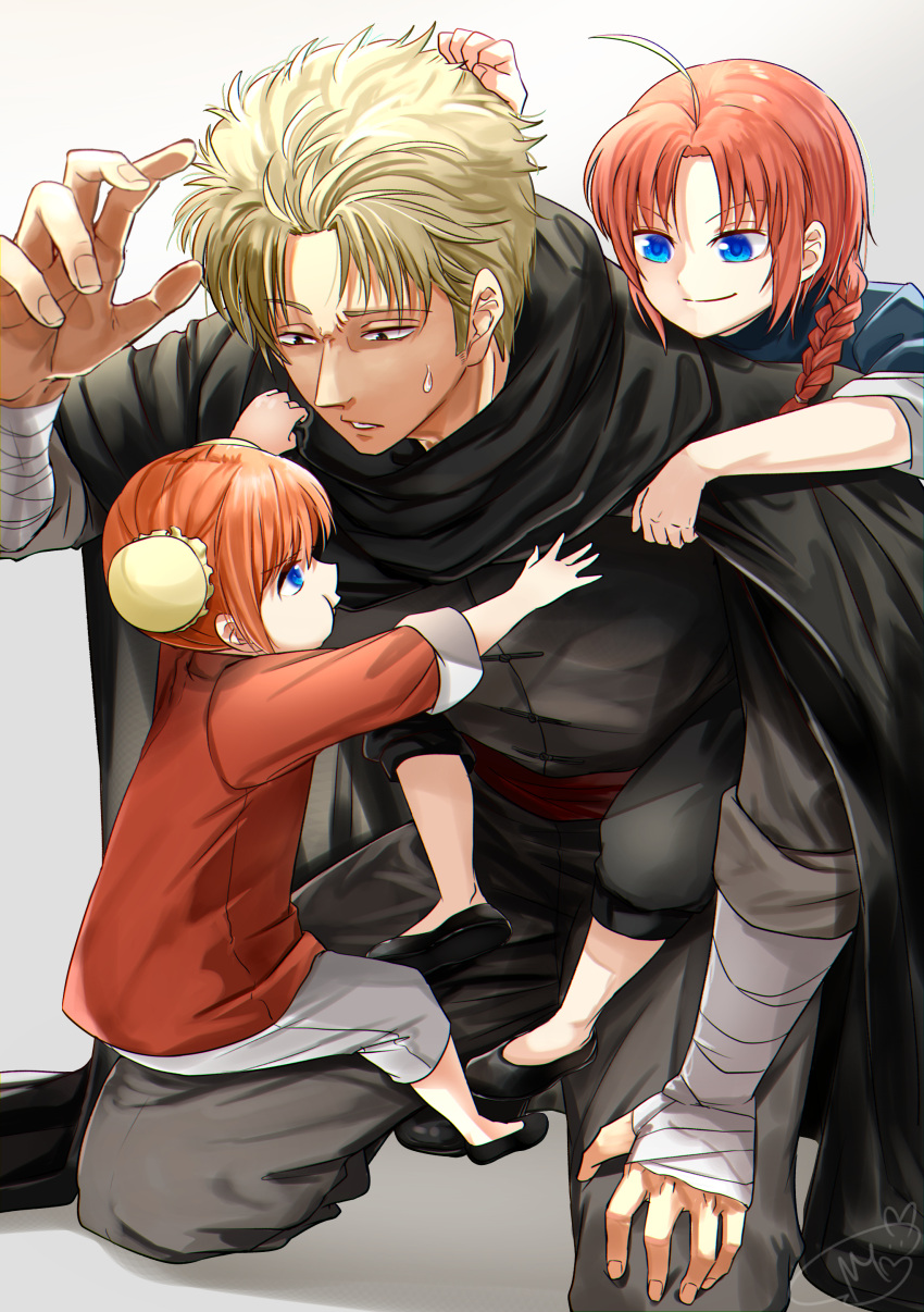 1girl 2boys absurdres abuto ahoge black_eyes blonde_hair blue_eyes braid braided_ponytail bun_cover child closed_mouth double_bun gintama grey_pants hair_intakes hair_over_shoulder hand_on_lap highres kagura_(gintama) kamui_(gintama) long_hair multiple_boys orange_hair pants ponytail redhead shinomy short_hair sitting sitting_on_lap sitting_on_person smile sweatdrop younger