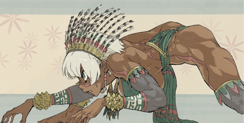 1girl asatsuki_(cookie) aztec back bangs barefoot bracer breasts commentary_request cookie_(touhou) dark-skinned_female dark_skin earrings fang foot_out_of_frame green_eyes headdress highres jewelry konpaku_youmu large_breasts light_brown_hair looking_afar muscular muscular_female o-ring o-ring_bottom open_mouth pelvic_curtain short_hair solo squatting touhou yma