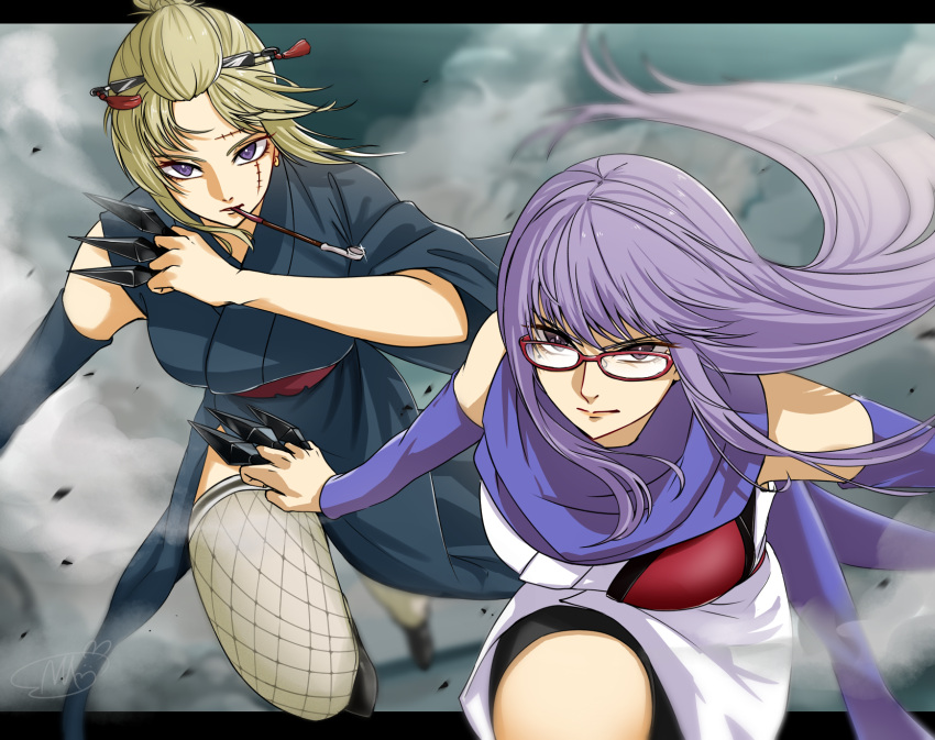 2girls asymmetrical_sleeves black_border black_kimono black_sleeves blonde_hair blurry blurry_background border closed_mouth detached_sleeves fishnet_legwear fishnets floating_hair gintama glasses grey_background grey_legwear hair_ornament hairpin highres holding holding_knife japanese_clothes kimono knife knives_between_fingers letterboxed long_hair long_sleeves looking_at_viewer multiple_girls purple_hair purple_sleeves red-framed_eyewear running sarutobi_ayame scar scar_on_cheek scar_on_face shinomy shiny shiny_hair short_kimono signature sleeveless sleeveless_kimono thigh-highs tied_hair tsukuyo_(gintama) very_long_hair violet_eyes white_kimono