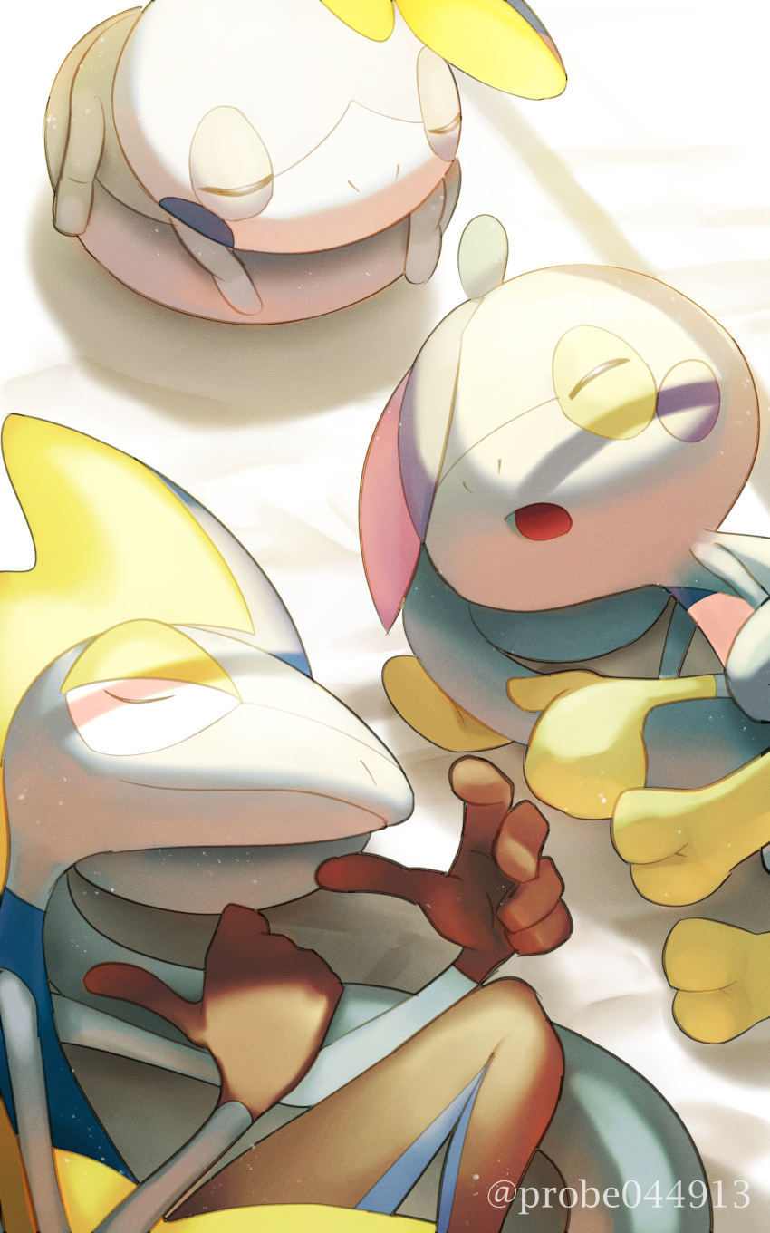 absurdres closed_eyes closed_mouth commentary_request drizzile evolutionary_line gen_8_pokemon highres inteleon lying on_side open_mouth pokemon pokemon_(creature) purobe sleeping smile sobble tongue