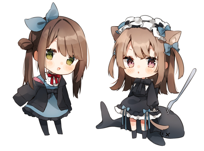 2girls animal_ear_fluff animal_ears bangs black_bow black_dress black_jacket black_legwear blue_bow blue_dress blush bow brown_hair cat_ears cat_girl cat_tail chibi dress eyebrows_visible_through_hair fork green_eyes hair_bow heripiro jacket long_hair long_sleeves multiple_girls no_shoes off_shoulder open_clothes open_jacket original pantyhose puffy_long_sleeves puffy_sleeves red_eyes simple_background sleeves_past_fingers sleeves_past_wrists socks tail twintails two_side_up very_long_hair white_background x_x