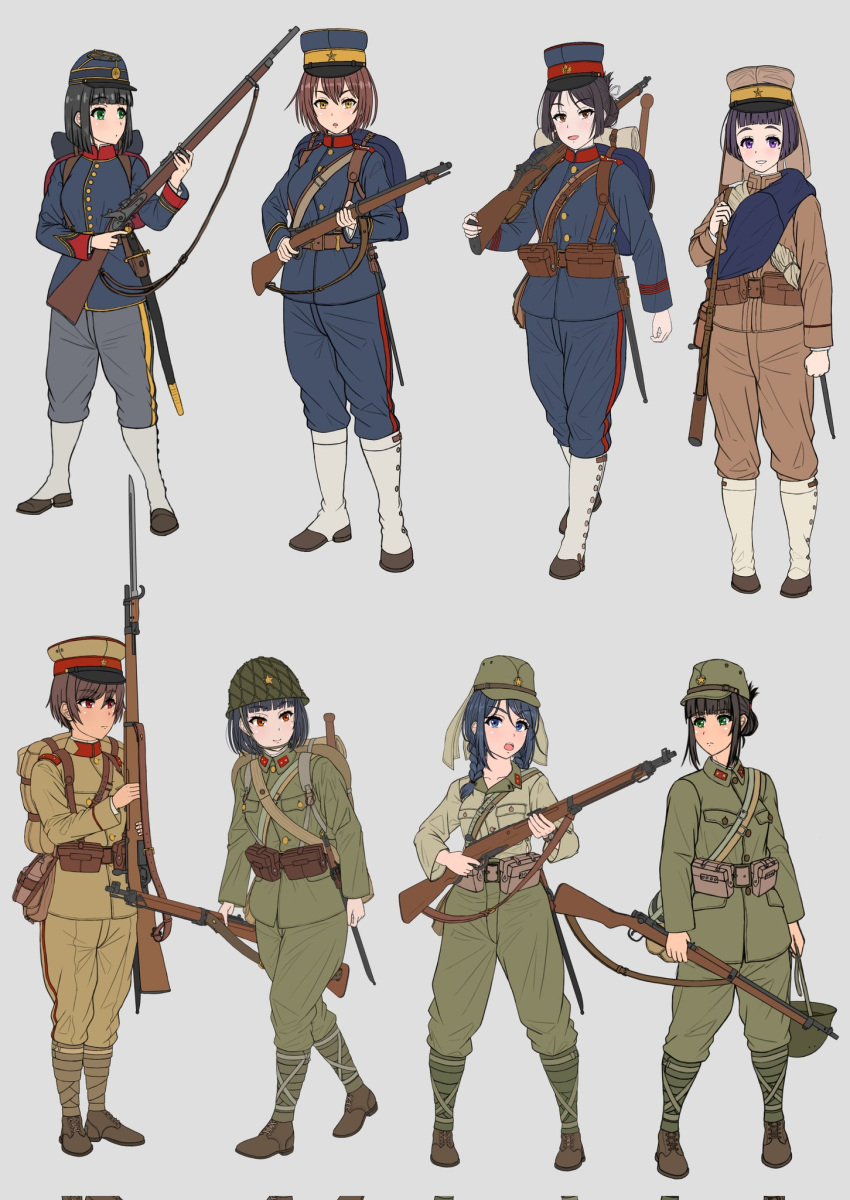 6+girls ammunition_pouch backpack bag bayonet belt boots braid canteen chin_strap gun hat helmet highres holding holding_gun holding_weapon japan knife long_hair long_sleeves military military_uniform multiple_girls original pouch red_eyes rifle rifle_on_back ryuukihei_rentai sling soldier uniform weapon world_war_i world_war_ii