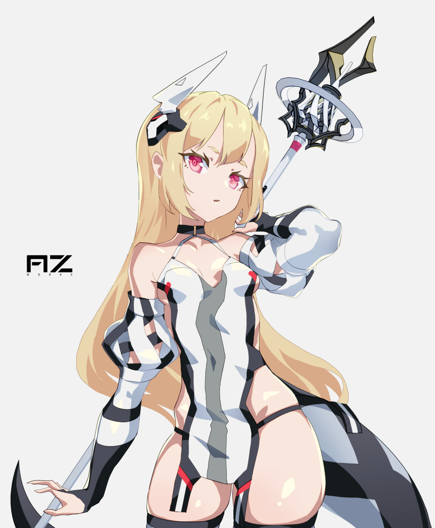 1girl absurdres bare_shoulders blonde_hair cancell detached_sleeves headgear highres holding holding_staff holding_weapon original red_eyes skindentation solo staff weapon white_background