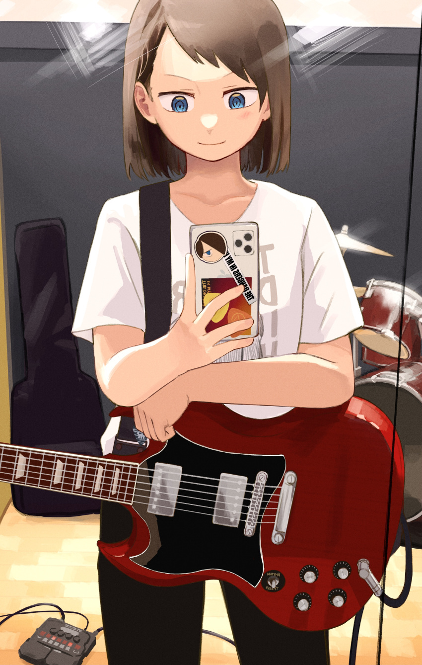 1girl absurdres asymmetrical_bangs bangs black_pants blunt_ends boku_no_kokoro_no_yabai_yatsu brown_hair collarbone cowboy_shot drum electric_guitar guitar highres holding holding_instrument holding_phone ichikawa_kana ichikawa_kyoutarou instrument light_smile looking_at_phone mirror pants phone plectrum print_shirt recording_studio ringed_eyes selfie shirt sticker taking_picture white_shirt zumisan3