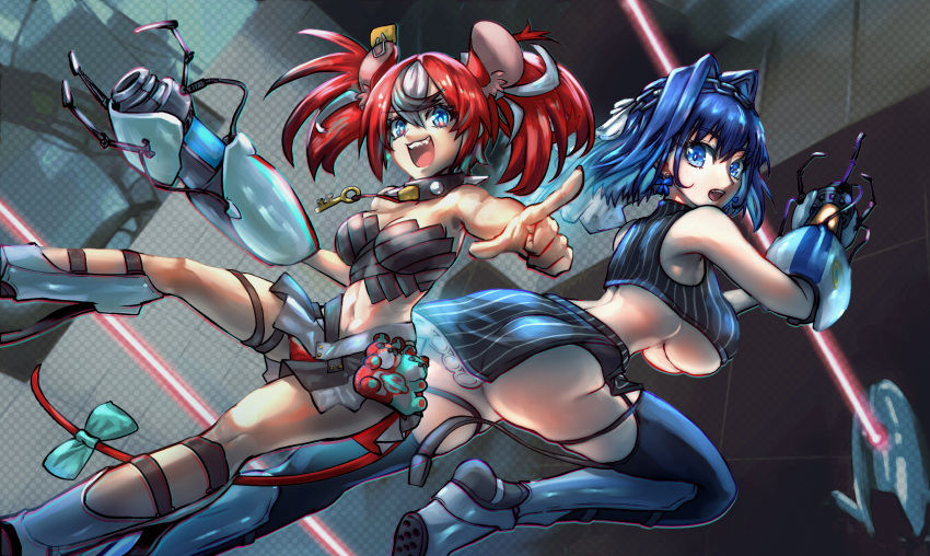 2girls animal_ears aperture_science_handheld_portal_device ass black_legwear blue_eyes blue_hair blush bow bow_earrings breasts crop_top dgrp_(minhduc12333) earrings hair_intakes hakos_baelz head_chain highres hololive hololive_english jewelry key_necklace large_breasts leg_up looking_at_viewer medium_breasts midriff miniskirt mouse_ears mouse_girl mouse_tail mousetrap multiple_girls navel open_mouth ouro_kronii portal_(series) portal_2 redhead short_hair skirt sleeveless sleeveless_sweater smile spikes sweater tail tail_bow tail_ornament thigh-highs turtleneck turtleneck_sweater twintails under_boob virtual_youtuber