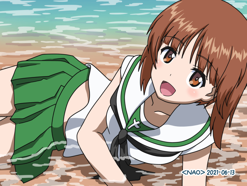 1girl :d adapted_uniform artist_name bangs black_neckwear blouse brown_eyes brown_hair dated day eyebrows_visible_through_hair girls_und_panzer green_skirt lying miniskirt naotosi neckerchief nishizumi_miho on_side ooarai_school_uniform open_mouth outdoors pleated_skirt sailor_collar school_uniform serafuku short_hair skirt sleeveless smile solo wading water white_blouse white_sailor_collar