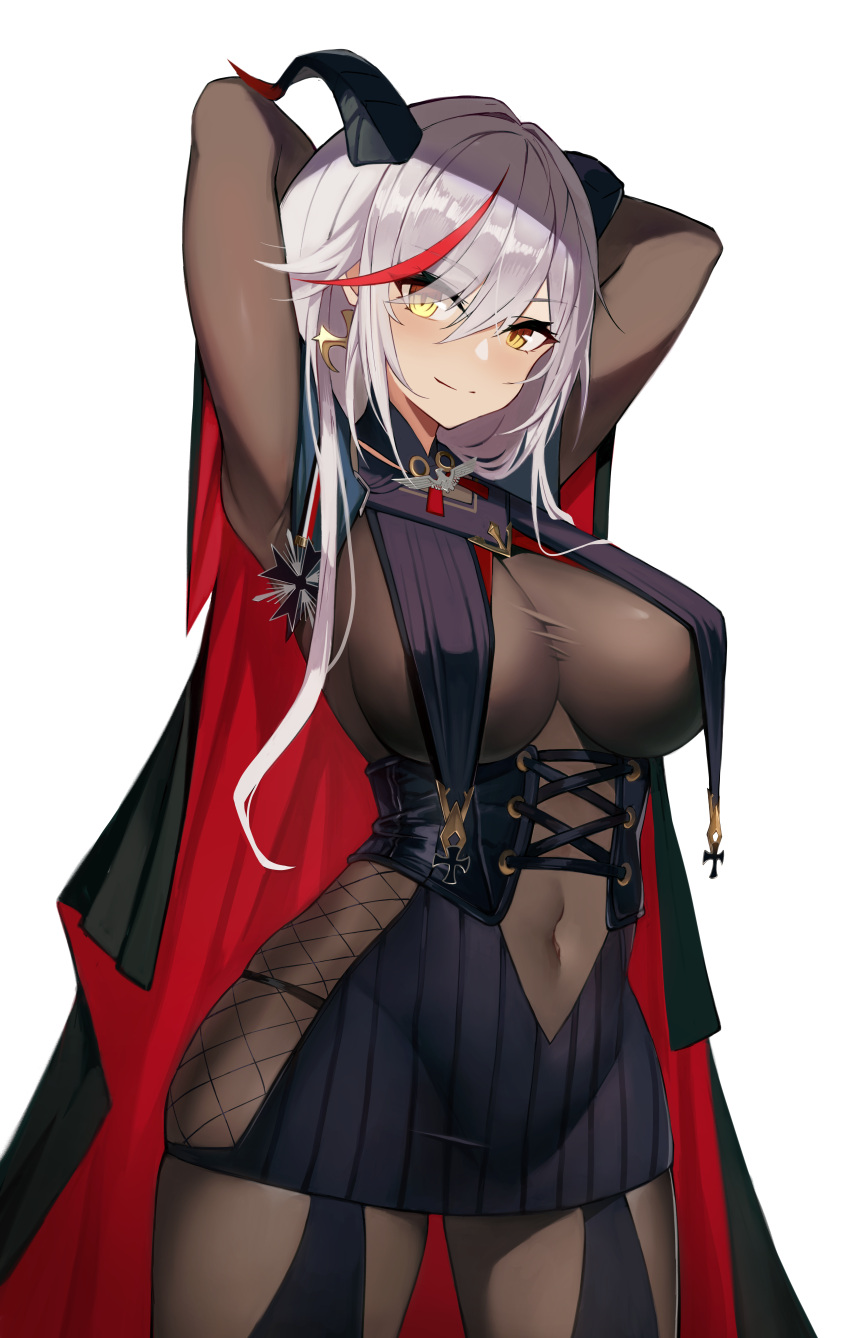 1girl absurdres aegir_(azur_lane) arms_behind_head arms_up azur_lane bodysuit breasts clearhand demon_horns earrings eyebrows_visible_through_hair eyes_visible_through_hair hair_between_eyes highres horns huge_filesize jewelry large_breasts long_hair looking_at_viewer multicolored_hair navel redhead simple_background skindentation solo streaked_hair white_background white_hair yellow_eyes