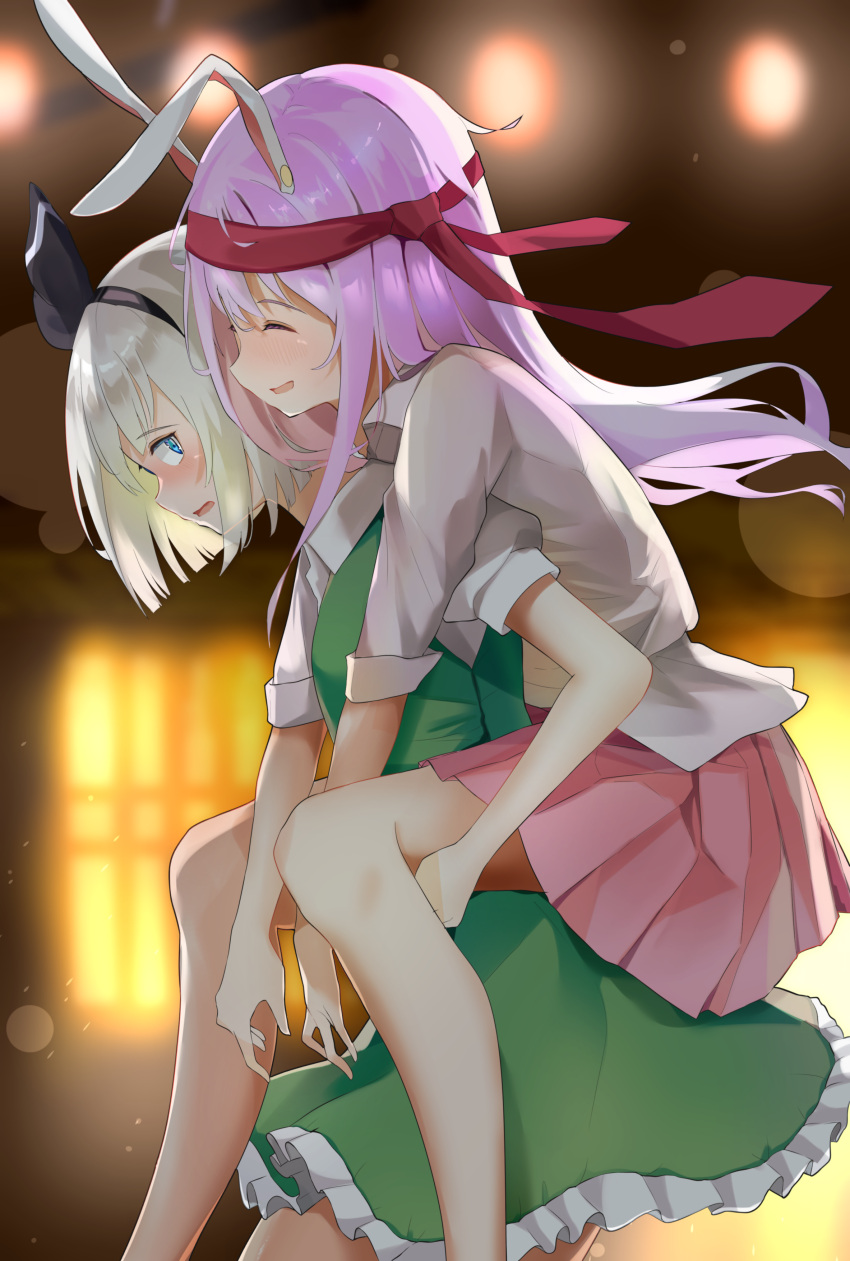 258n 2girls absurdres animal_ears blue_eyes blush carrying closed_eyes from_side green_skirt green_vest hairband highres konpaku_youmu long_hair miniskirt multiple_girls necktie necktie_on_head piggyback pink_hair pink_skirt rabbit_ears red_neckwear reisen_udongein_inaba ribbon shirt short_hair short_sleeves silver_hair skirt smile touhou vest white_shirt