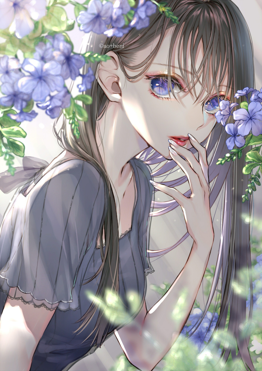 1girl ao+beni bangs black_hair blurry blurry_foreground breasts flower highres long_hair looking_at_viewer medium_breasts original red_lips solo upper_body violet_eyes