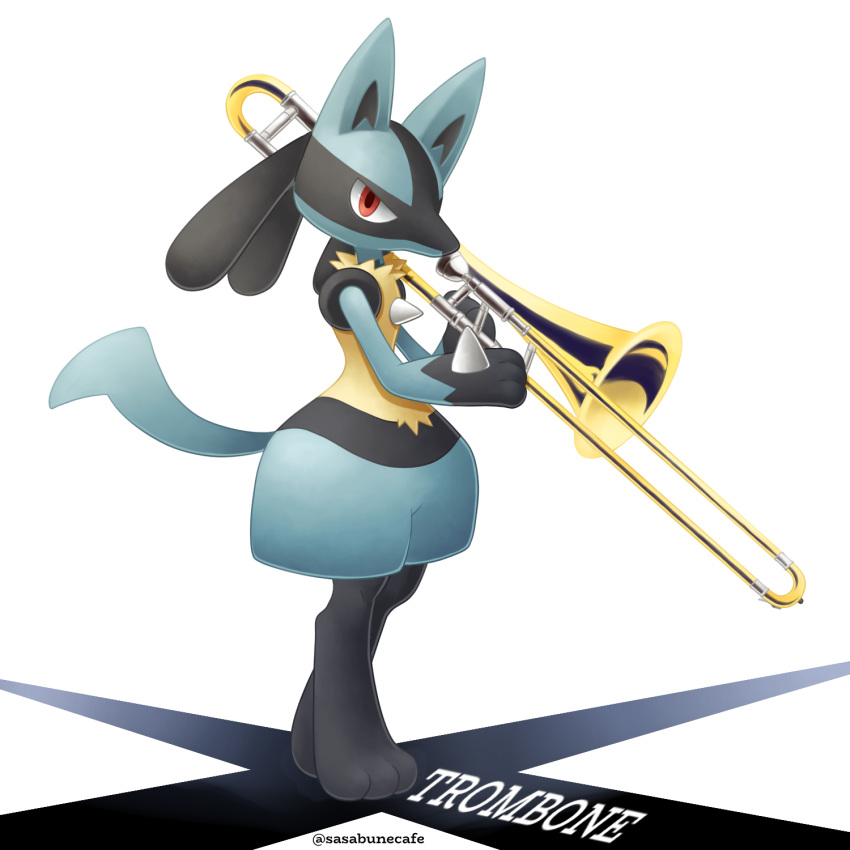 artist_name commentary_request full_body gen_4_pokemon highres holding holding_instrument instrument looking_at_viewer lucario pokemon pokemon_(creature) red_eyes sasabunecafe solo standing toes trombone white_background
