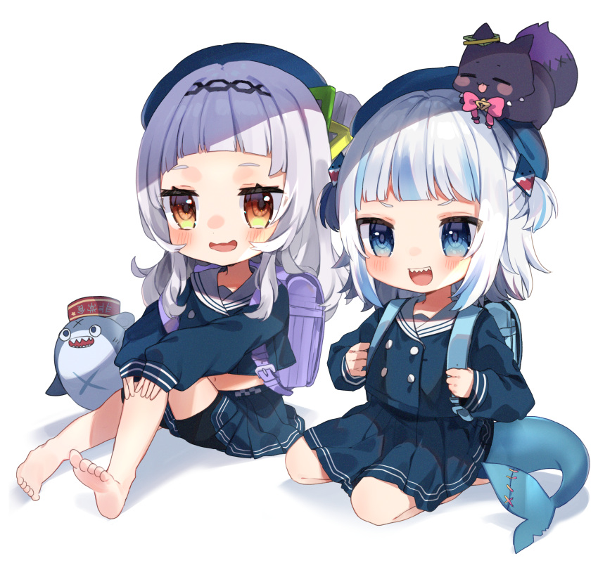 2girls :d absurdres animal backpack bag bangs barefoot beret black_hairband black_shorts bloop_(gawr_gura) blue_eyes blue_hair blue_headwear blue_serafuku blue_shirt blue_skirt blush brown_eyes commentary_request fish_tail fox gawr_gura hair_ornament hairband hat highres holding_strap hololive hololive_english huge_filesize long_sleeves multicolored_hair multiple_girls murasaki_shion noi_mine open_mouth pleated_skirt puffy_long_sleeves puffy_sleeves sailor_collar shark shark_tail sharp_teeth shirt short_shorts shorts shorts_under_skirt skirt sleeves_past_wrists smile soles streaked_hair tail teeth two_side_up virtual_youtuber wavy_mouth white_hair white_sailor_collar