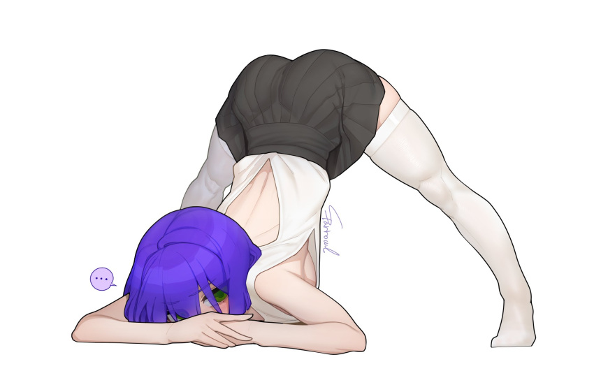 ... 1girl artist_name backless_outfit black_skirt blush commentary_request eyebrows_visible_through_hair green_eyes highres indie_virtual_youtuber jack-o'_challenge no_shoes pleated_skirt podone purple_hair shirt short_hair simple_background skirt solo sparrowl spoken_ellipsis thigh-highs top-down_bottom-up virtual_youtuber white_background white_legwear white_shirt