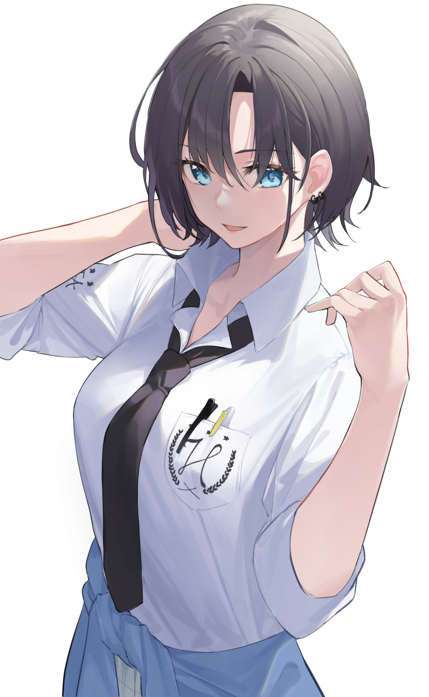 1girl absurdres asakura_tooru bangs black_hair black_neckwear blue_eyes blue_jacket breasts clothes_around_waist collared_shirt commentary_request earrings eyebrows_visible_through_hair hair_between_eyes hands_up highres idolmaster idolmaster_shiny_colors jacket jacket_around_waist jewelry large_breasts long_sleeves looking_at_viewer necktie parted_lips school_uniform shirt short_hair simple_background smile solo star741 upper_body white_background white_shirt
