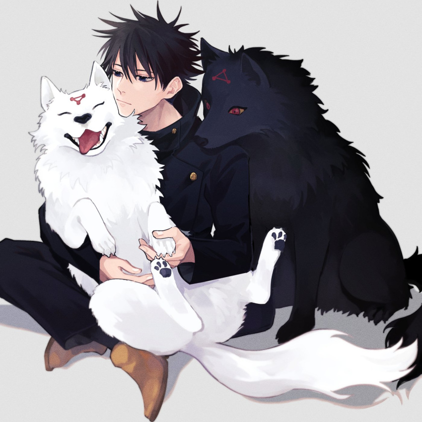 1boy accelerando animal bangs black_dog black_hair black_jacket black_pants blue_eyes brown_footwear closed_mouth dog full_body fushiguro_megumi gakuran hair_between_eyes high_collar highres holding holding_animal jacket jujutsu_kaisen long_sleeves male_focus pants school_uniform shoes short_hair simple_background sitting solo spiky_hair white_background white_dog