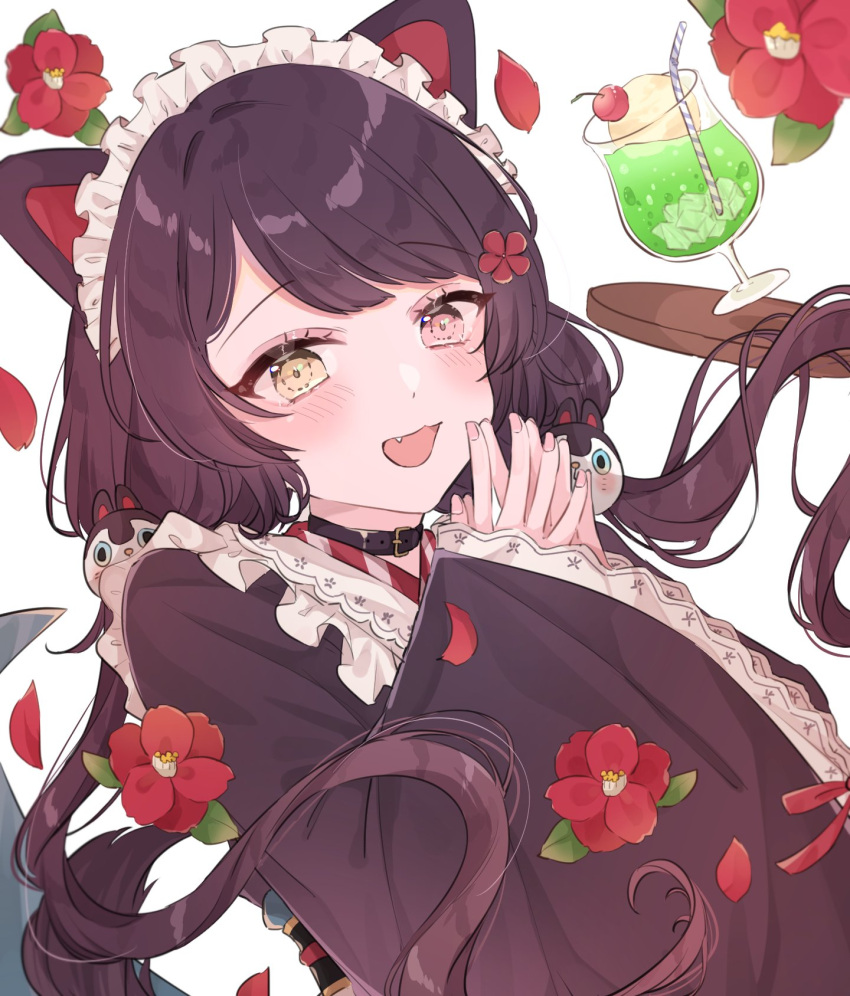 1girl animal_ears bangs black_kimono blush brown_hair cat_ears collar commentary drink drinking_straw eyelashes fang flower frilled_kimono frills glass hair_between_eyes hair_flower hair_ornament hands_together heterochromia highres inui_toko japanese_clothes kimono long_hair looking_at_viewer maid maid_headdress nijisanji open_mouth red_eyes red_flower shain simple_background smile solo table twintails upper_body virtual_youtuber wa_maid white_background yellow_eyes