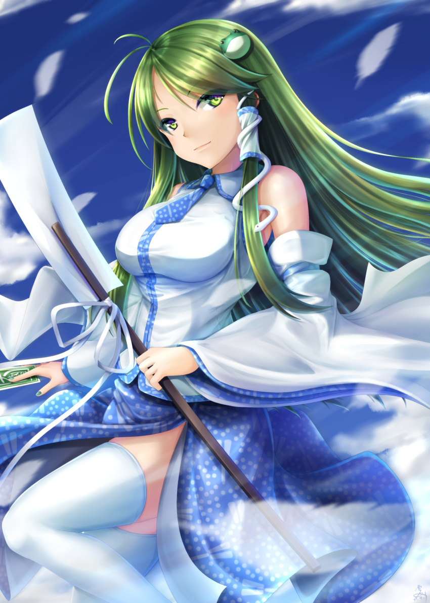 1girl above_clouds bangs between_fingers blue_neckwear blue_skirt blue_sky blush breasts card closed_mouth clouds detached_sleeves fingernails floating frog_hair_ornament gohei green_eyes green_hair green_nails green_pupils hair_ornament hair_tubes highres holding holding_card knee_up kochiya_sanae lips long_hair long_skirt looking_at_viewer medium_breasts necktie oonusa polka_dot_neckwear polka_dot_skirt polka_dot_trim ribbon seiya_(iiseven) shiny shiny_hair shiny_skin side_slit signature single_sidelock skirt sky smile snake_hair_ornament solo thigh-highs thighs touhou very_long_hair white_legwear white_ribbon wide_sleeves wind