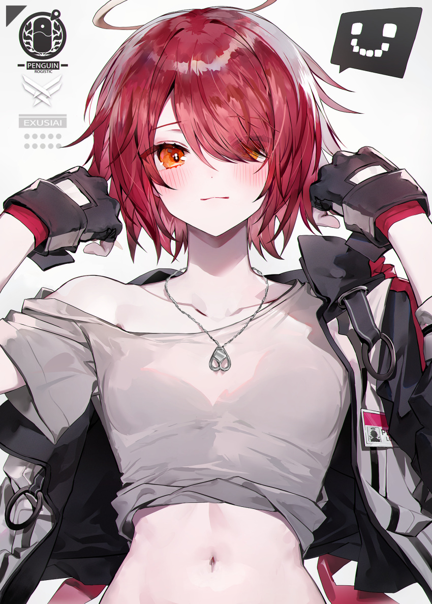 1girl arknights black_gloves blush breasts character_name closed_mouth collarbone exusiai_(arknights) eyes_visible_through_hair fingerless_gloves gloves grey_jacket grey_shirt hair_over_one_eye halo hands_up highres id_card jacket jewelry long_sleeves looking_at_viewer midriff muaooooo navel necklace off_shoulder open_clothes open_jacket orange_eyes penguin_logistics_logo redhead shirt short_hair simple_background single_bare_shoulder small_breasts smile solo speech_bubble spoken_expression stomach upper_body white_background