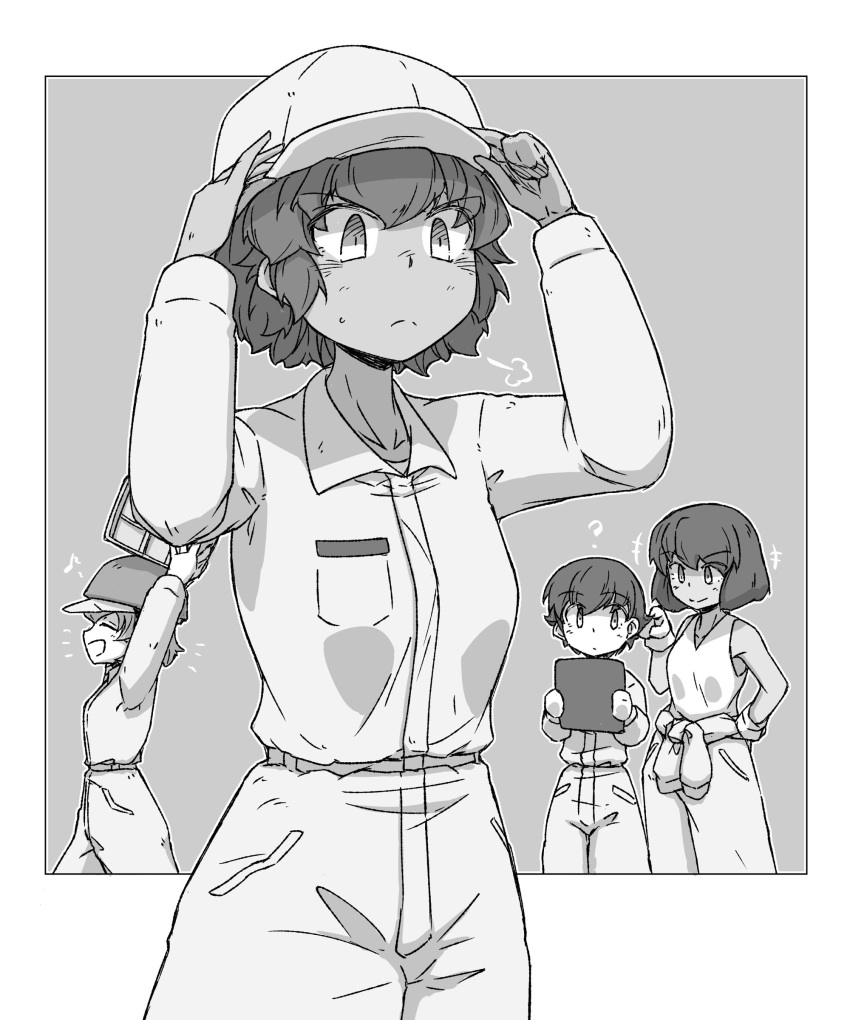 4girls =3 ? absurdres adjusting_clothes adjusting_headwear arms_up bangs baseball_cap bob_cut clipboard closed_eyes closed_mouth clothes_around_waist commentary dark-skinned_female dark_skin eighth_note freckles frown girls_und_panzer gloves greyscale hat highres holding holding_clipboard hoshino_(girls_und_panzer) jumpsuit long_sleeves looking_at_viewer mechanic monochrome multiple_girls musical_note nakajima_(girls_und_panzer) notice_lines open_mouth outside_border pointing renshiu short_hair smile snort standing suzuki_(girls_und_panzer) sweatdrop tank_top tsuchiya_(girls_und_panzer) uniform