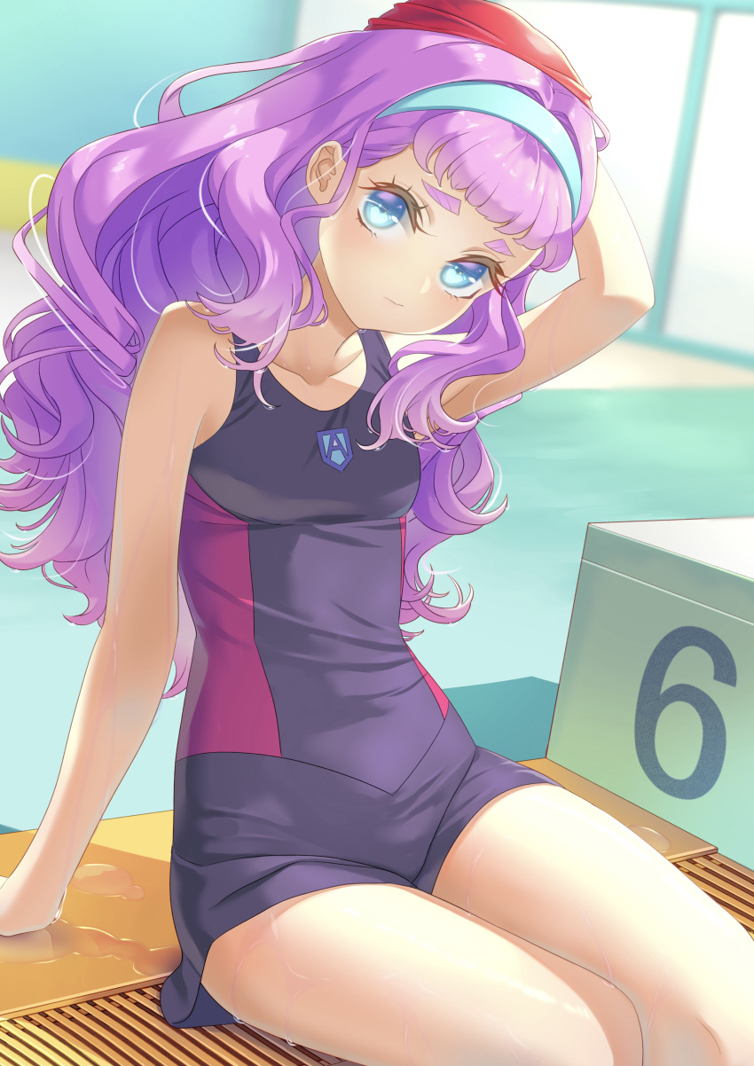 1girl absurdres arm_support arm_up black_shorts blue_eyes blue_hairband breasts closed_mouth collarbone hair_intakes hairband highres laura_la_mer long_hair looking_at_viewer one-piece_swimsuit pink_hair poolside precure school_swimsuit shiny shiny_hair short_shorts shorts sitting small_breasts solo swimsuit thick_eyebrows tropical-rouge!_precure yoko-ya_manjirou