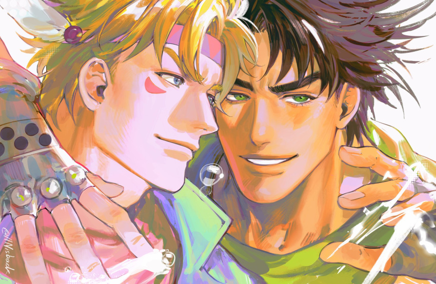 2boys artist_name battle_tendency blonde_hair blue_eyes brown_hair bubble caesar_anthonio_zeppeli commentary_request electricity error facial_mark feather_hair_ornament feathers fingerless_gloves gloves green_eyes green_scarf hair_ornament hand_up headband highres jojo_no_kimyou_na_bouken joseph_joestar joseph_joestar_(young) looking_to_the_side male_focus multiple_boys nashi_y pink_scarf redrawn scarf short_hair thai_commentary twitter_username