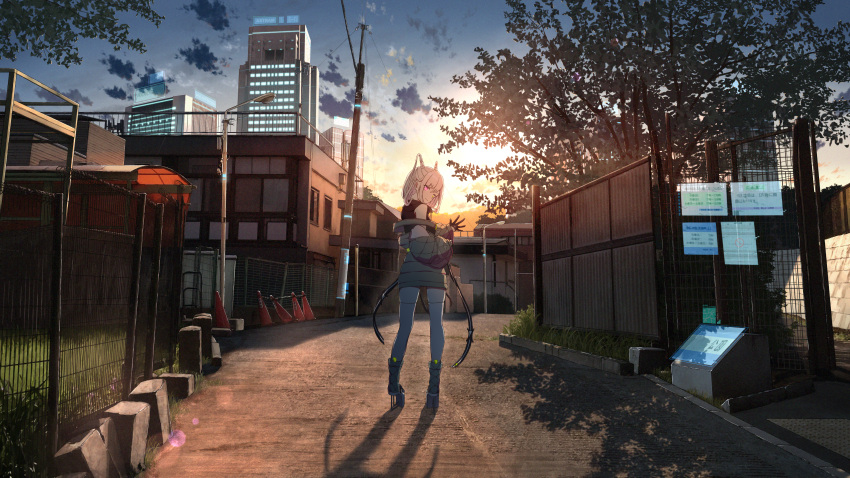 1girl absurdres anyotete building city clouds facing_back fence grass highres huge_filesize lamppost looking_at_viewer original road scenery sky skyscraper solo standing street sunset traffic_cone tree utility_pole